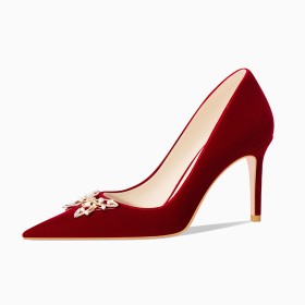 Mit 8 cm Hohe Absatz Schlupfschuh Spitz Damenschuhe Pumps Stiletto Stiefeletten Bordeaux Rot Abendschuhe Elegante Festliche Schuhe Brautschuhe Samt Schmetterling