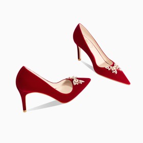 Burgundy Pointed Toe Stilettos Bridal Shoes Elegant Butterfly 3 inch High Heeled Velvet Booties