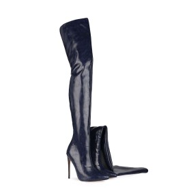 Tall Boots Navy Blue Faux Leather 12 cm High Heel Pointed Toe Thigh High Boot Fur Lined
