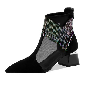 5 cm Low Heel Suede Sparkly Pointed Toe Ankle Boots Dress Shoes Fringe Chunky Heel Dance Shoes Sandal Boots Tulle Party Shoes Block Heel
