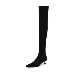 Sexy Klassisch Wildleder Kitten Heel Overknees 4 cm Niedriger Absatz Hohe Stiefel Gefütterte Schwarze Stretch Sock Lederimitat 2022 Spitz Damenstiefel