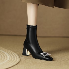 Sock Boots Elegant Business Casual Faux Leather Block Heels Chunky Stretchy Ankle Boots Mid Heel