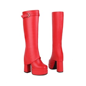 Platform Going Out Footwear Round Toe With Buckle Chunky Knee High Boots For Women High Heel Fur Lined Block Heel Tall Boots