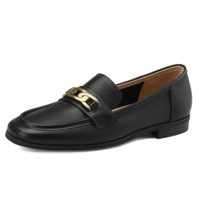 Vintage Comfort Loafers Flat Shoes Leather Closed Toe Chain Round Toe Business Casual Black