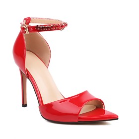 Elegant Sparkly Rhinestones Metallic Stylish Womens Sandals 2023 High Heels Stiletto Heels Red