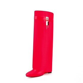 A Talon Haut 10 cm Moderne Femme Knee Boots Rouge Bottes Haute Femme Compensées