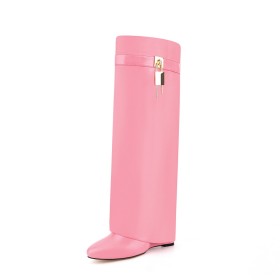 Bottes Hautes Rose Moderne A Talon Haut 10 cm Cuir Knee Boots Replié Femme Compensée