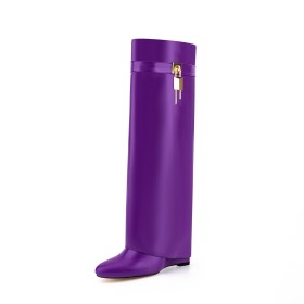 Purple Wedges High Heel Faux Leather Fold Over Pointed Toe Knee High Boots Tall Boot Fur Lined Fashion