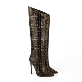 Modern Tall Boots Pointed Toe Crocodile Printed Gradient Faux Leather Stiletto High Heel Knee High Boots For Women