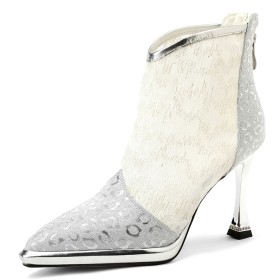 Festliche Schuhe Stiefeletten Hochzeitsschuhe Elegante Silber Mode Absatzschuhe Mit 9 cm High Heel Boots Damen Stiletto