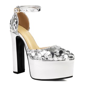 Pointed Toe Patent 6 inch High Heeled Dress Shoes Chunky With Ankle Strap Sparkly Block Heels Platform Belt Buckle Glitter Sandals Evening Shoes