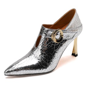 Dress Shoes Fashion Belt Buckle 3 inch High Heel Shooties Stiletto 2024 Leather Elegant Sparkly Metallic