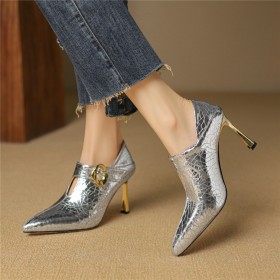 Dress Shoes Fashion Belt Buckle 3 inch High Heel Shooties Stiletto 2024 Leather Elegant Sparkly Metallic