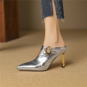 Dress Shoes Fashion Belt Buckle 3 inch High Heel Shooties Stiletto 2024 Leather Elegant Sparkly Metallic