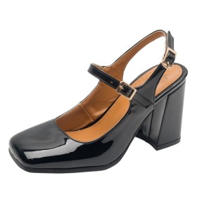 Metallic Faux Leather 3 inch High Heeled Thick Heel Slingback Patent Leather Block Heel