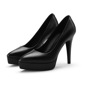 Schuhe Genarbte Leder Mit 11 cm High Heel Stiletto Schwarze Elegante Spitz Pumps Klassisch