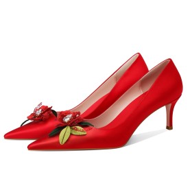 Abendschuhe Vintage Rot Pfennigabsatz Pumps Elegante 8 cm High Heel Schuhe Mit Geblümte Ballschuhe Hochzeitsschuhe Schlupfschuhe