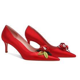 Abendschuhe Vintage Rot Pfennigabsatz Pumps Elegante 8 cm High Heel Schuhe Mit Geblümte Ballschuhe Hochzeitsschuhe Schlupfschuhe
