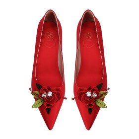 Evening Party Shoes Wedding Shoes For Women Pumps Elegant Vintage Closed Toe 8 cm High Heel Stiletto Pointed Toe Red Flowers Dress Shoes