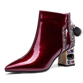 Going Out Footwear Chunky Hee Mid Heels Beautiful Comfort Block Heel Natural Leather Sequin Burgundy Business Casual Fashion Booties