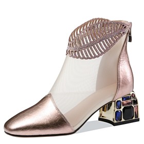 Abendschuhe Boots Damen 5 cm Low Heel Rosegold Mit Strasssteine Ballschuhe Blockabsatz Stiefeletten Lack Mode Elegante