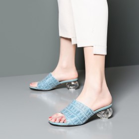 Peep Toe Light Blue Gradient 4 cm Low Heel With Rhinestones Sandals Leather