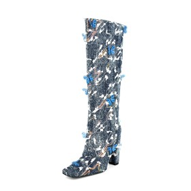 Kniehohe Blockabsatz Denim Mode Gefütterte Mit Schmetterling Mit 10 cm High Heels Hohe Stiefel