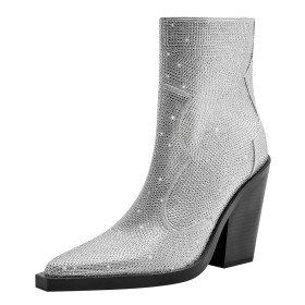 Sparkly Chunky Heel Rhinestones Fashion Cowboy Block Heel Going Out Shoes Closed Toe Booties For Women 3 inch High Heeled