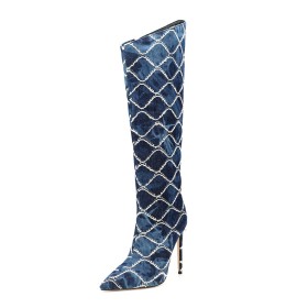 Hohe Stiefel Mode Stiletto Pailletten Farbverlauf Gefütterte Denim Marineblau Kniehohe 12 cm High Heels