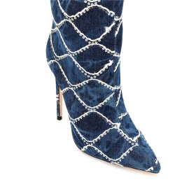 12 cm Tacco Alto Con Tacco A Spillo Luccicante Con Pelo Interno Moda Stivali Alti Glitter Blu Jeans