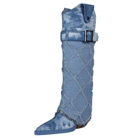 Denim Comfortable Fringe Fold Over Block Heels Chunky Light Blue Knee High Boots 3 inch High Heeled Belt Buckle
