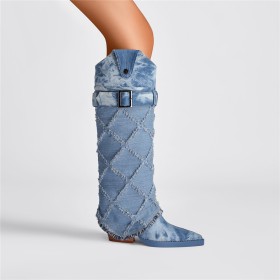 Going Out Franjes Lichtblauwe Comfortabele Denim 8 cm Hoge Hakken Knie Laarzen Hoge Laarzen Dames Met Blokhak