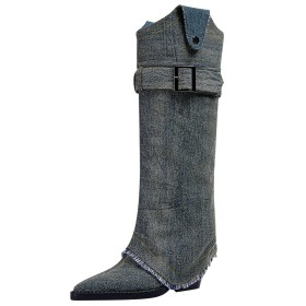 Tacco Largo Jeans Fold Over Vintage Stivali Alti Blu Navy Classiche Tacco Alto 8 cm Comode