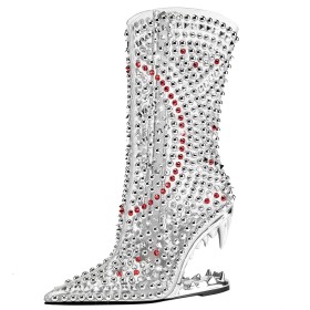 Booties For Women Silver 4 inch High Heel Pointed Toe Rhinestones Studded