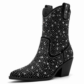 3 inch High Heel Black Sparkly Faux Leather Booties For Women Cowboy Boots With Rhinestones Pointed Toe Block Heel Chunky Heel
