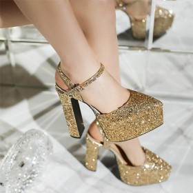 Bridal Shoes Dress Shoes Chunky Fashion Belt Buckle Sparkly Block Heel Ankle Strap Platform High Heel Womens Sandals