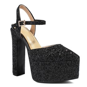 Thick Heel Evening Shoes Wedding Shoes For Women 6 inch High Heel Platform Black Sandals Block Heels With Ankle Strap Belt Buckle Dress Shoes Summer Sparkly