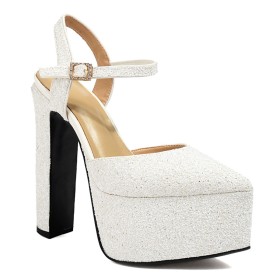 Sparkly Bridal Shoes 15 cm High Heel Sandals Block Heels White Ankle Strap Fashion Sequin Chunky Heel Belt Buckle Platform