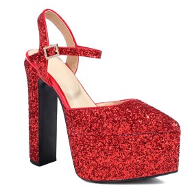 Block Heel Wedding Shoes Dressy Shoes High Heels Glitter Belt Buckle Sparkly Thick Heel With Ankle Strap Red Modern Sandals For Women