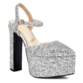 Sandaletten Knöchelriemen Hochzeitsschuhe Glitzer Mode 15 cm High Heel Ballschuhe Silber