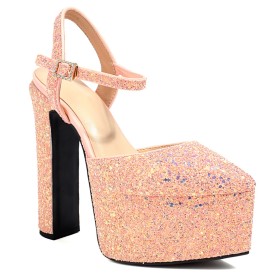 Sparkly 6 inch High Heel Blush Thick Heel Block Heels Fashion Sequin Belt Buckle Ankle Strap Pointed Toe Womens Sandals Wedding Shoes Evening Party Shoes