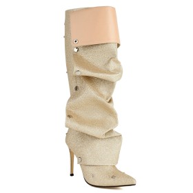 Moda Brillantes 10 cm Tacon Alto Slouch Bota Alta Brillo Punta Fina