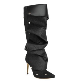 Stilettos High Heel Tall Boots Slouch Black Studded Winter Knee High Boots For Women