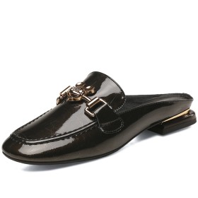 Black Natural Leather 2022 Closed Toe Patent Cute Flats Loafers Mules Metallic