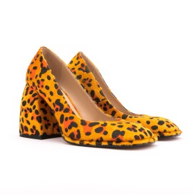 Pumps Fluffy Faux Fur Classic Business Casual Shoes Chunky Heel Leopard Print Block Heel Yellow Sexy Womens Shoes 4 inch High Heel