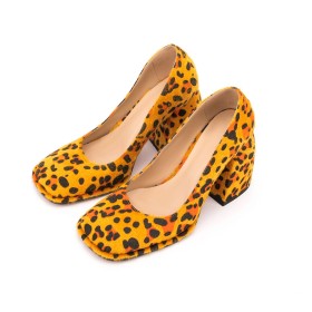 Pumps Fluffy Faux Fur Classic Business Casual Shoes Chunky Heel Leopard Print Block Heel Yellow Sexy Womens Shoes 4 inch High Heel