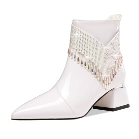Elegant Evening Party Shoes Low Heel Pointed Toe Booties For Women Fur Lined Patent Leather Sparkly Leather Winter White Thick Heel Crystal Block Heel