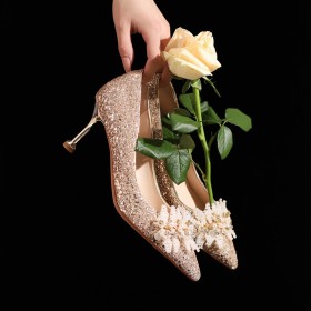 Sparkly Luxury Bridals Wedding Shoes Dressy Shoes Mid Heels Stiletto Gold Evening Party Shoes Glitter Elegant