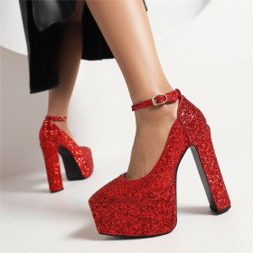 Sparkly Chunky Heel Elegant Ankle Strap Womens Shoes 15 cm High Heel Pumps Platform Sequin Pointed Toe Evening Party Shoes Dressy Shoes Block Heel Modern