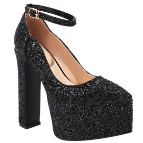 Formele Zwarte Mode Plateau Glitter Met Enkelbandje Galaschoenen Schoenen Dames Hoge Hak Mooie Pumps